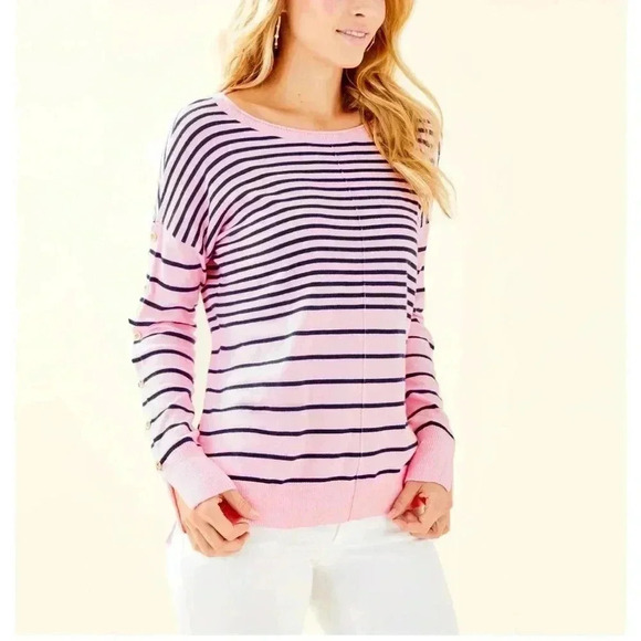 Lilly Pulitzer Melenie Sweater‎ Heathered Pink Tropics Tint Amore Stripe … - Picture 1 of 11